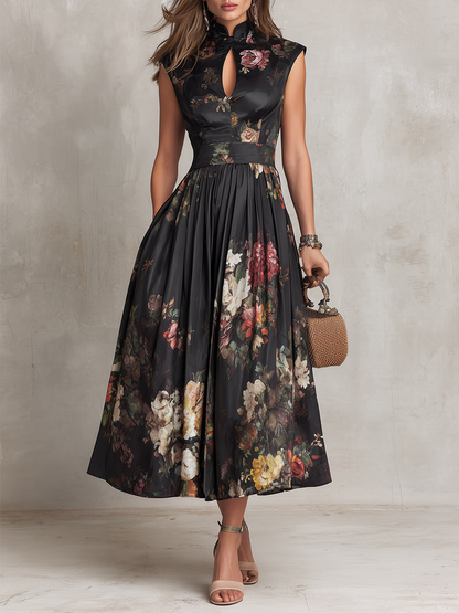 Black Floral Keyhole Pleated Satin Midi Dress