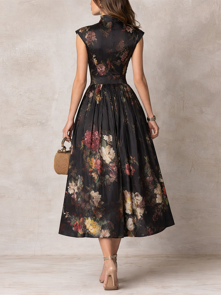 Black Floral Keyhole Pleated Satin Midi Dress