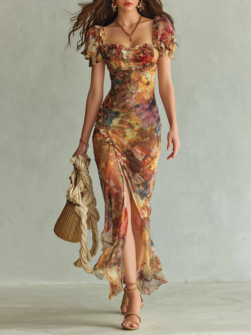 Orange Artistic Floral Chiffon Maxi Dress