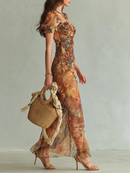 Orange Artistic Floral Chiffon Maxi Dress