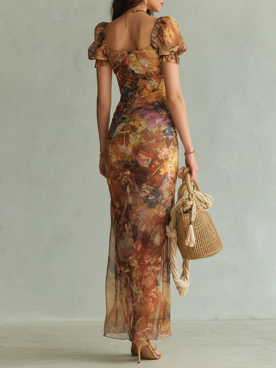 Orange Artistic Floral Chiffon Maxi Dress