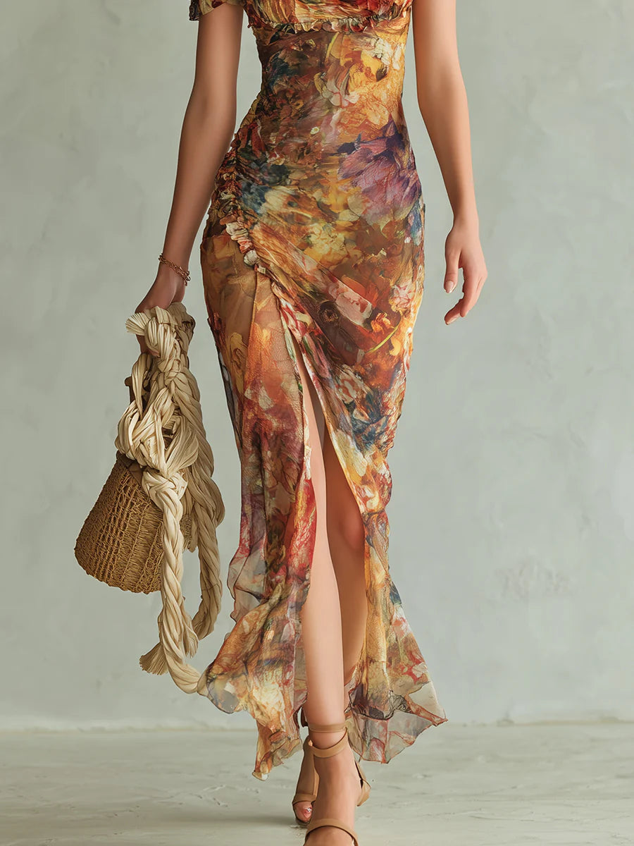 Orange Artistic Floral Chiffon Maxi Dress