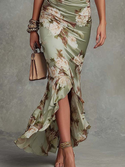 Floral Satin Ruffle V-Neck Maxi Dress