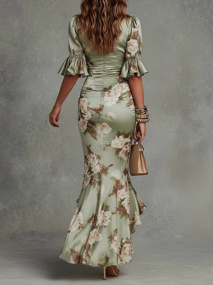 Floral Satin Ruffle V-Neck Maxi Dress