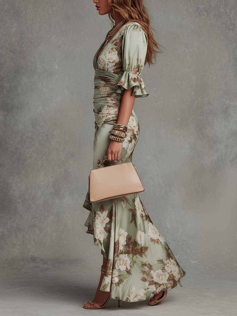 Floral Satin Ruffle V-Neck Maxi Dress