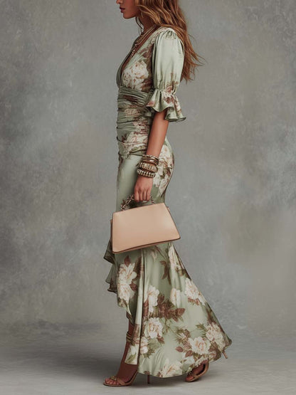 Floral Satin Ruffle V-Neck Maxi Dress