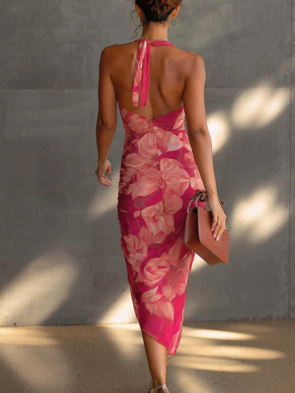 Fuchsia Floral Ruched Midi Dress