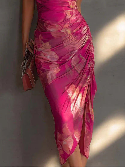 Fuchsia Floral Ruched Midi Dress