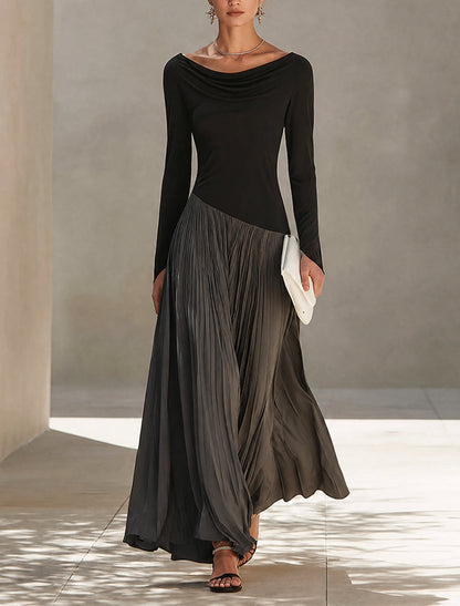 Avriel - Robe Maxi Plissée Bicolore Noire et Grise à Encolure Drapée