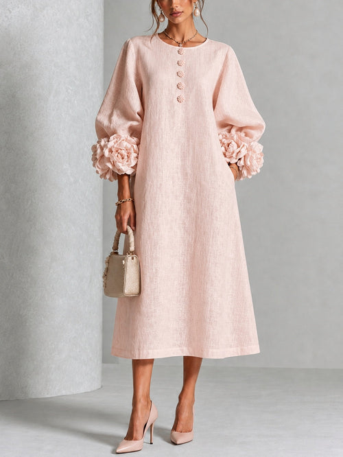 Jade - Robe Midi Rose Fleurie à Boutons et Manches Volumineuses
