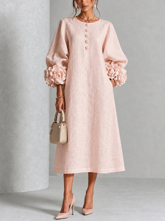Jade - Robe Midi Rose Fleurie à Boutons et Manches Volumineuses