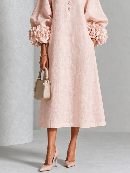 Jade - Robe Midi Rose Fleurie à Boutons et Manches Volumineuses