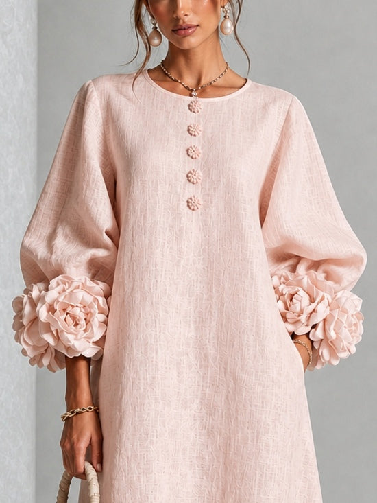 Jade - Robe Midi Rose Fleurie à Boutons et Manches Volumineuses