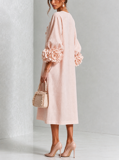 Jade - Robe Midi Rose Fleurie à Boutons et Manches Volumineuses