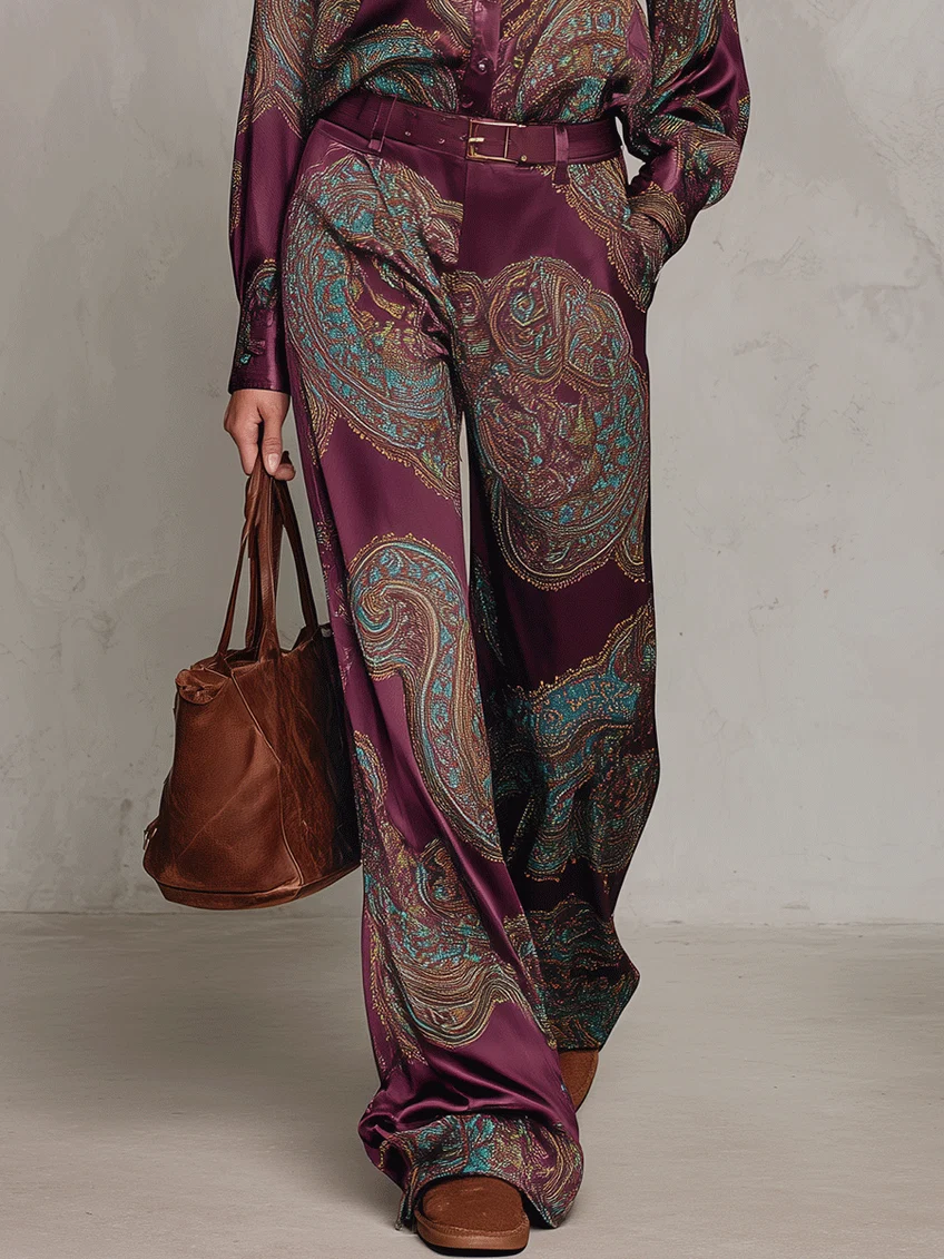 Ensemble satiné à imprimé cachemire bordeaux