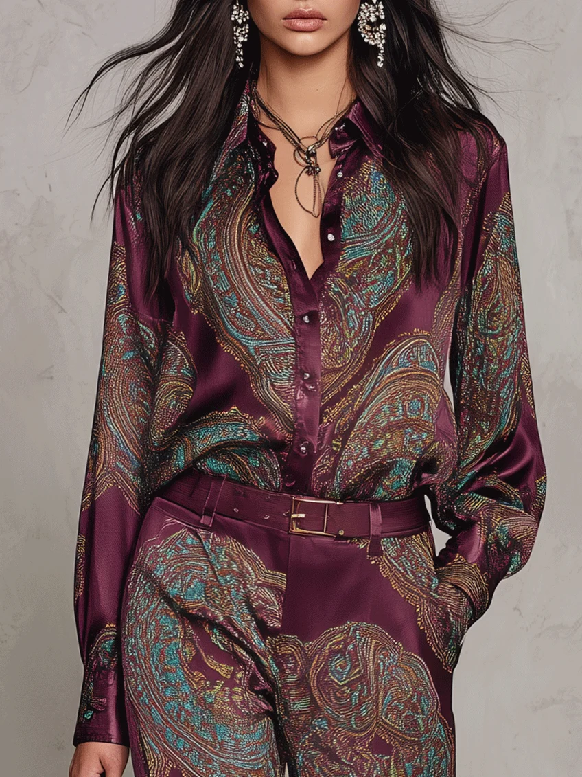 Ensemble satiné à imprimé cachemire bordeaux