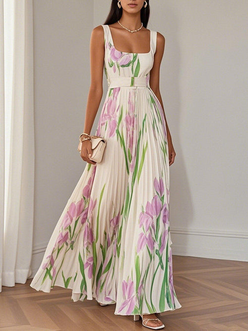 Pleated Floral Chiffon Square-Neck Maxi Dress