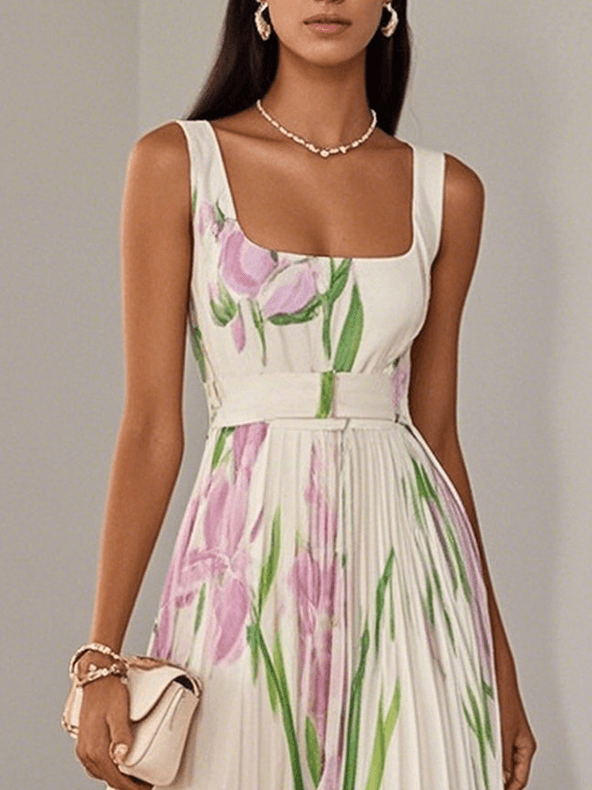 Pleated Floral Chiffon Square-Neck Maxi Dress