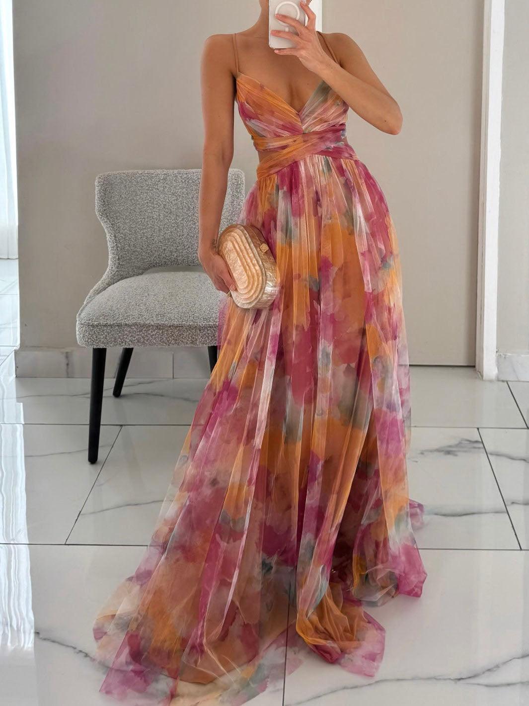 Painted Floral V-Neck A-Line Maxi Dress
