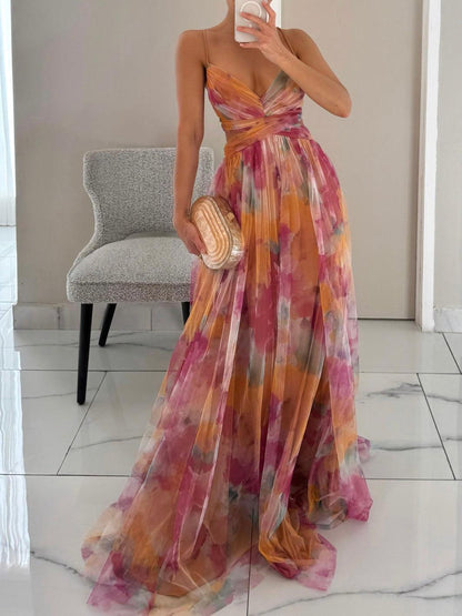 Painted Floral V-Neck A-Line Maxi Dress
