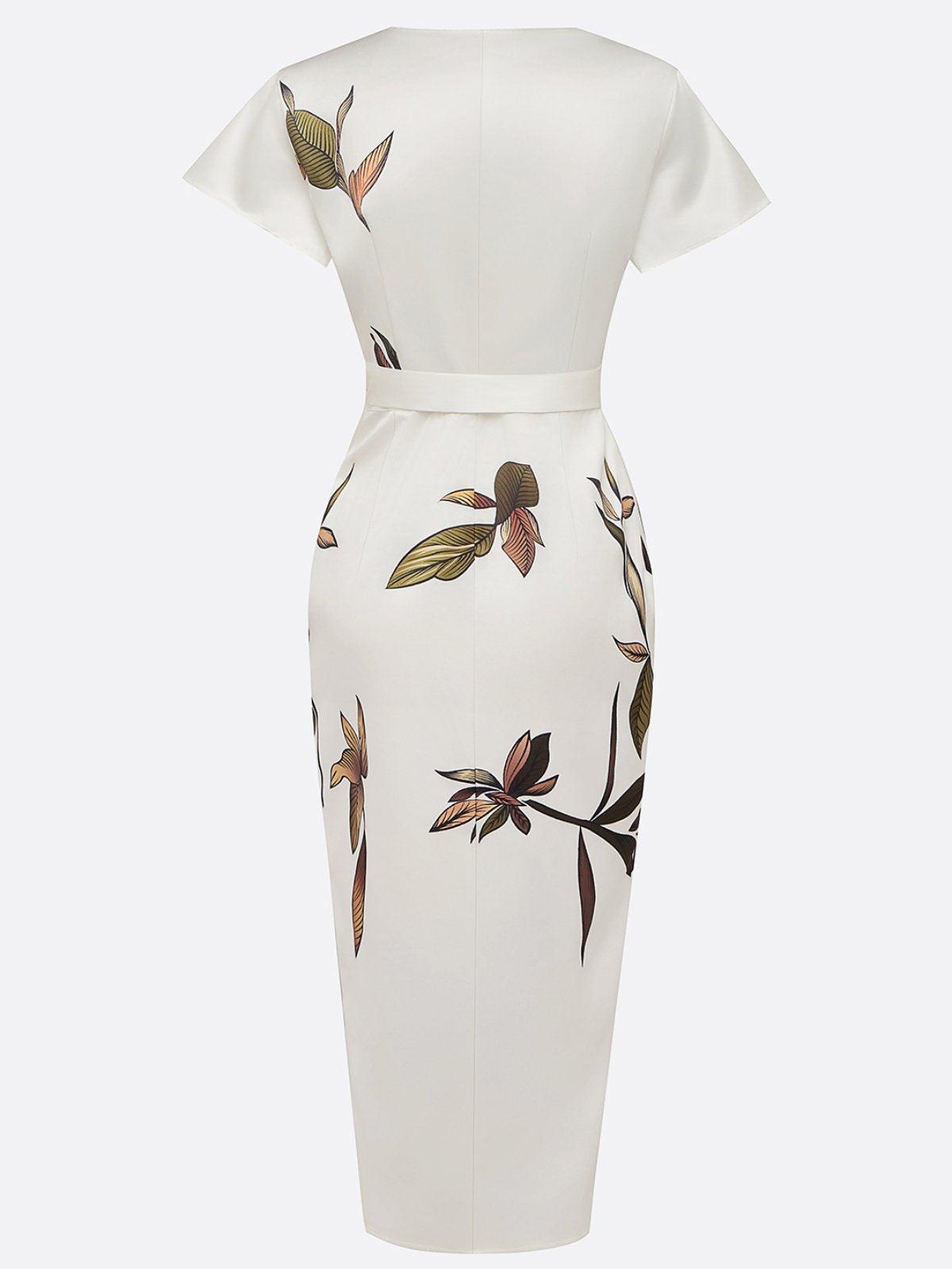 Leaf Print Satin Wrap Midi Dress